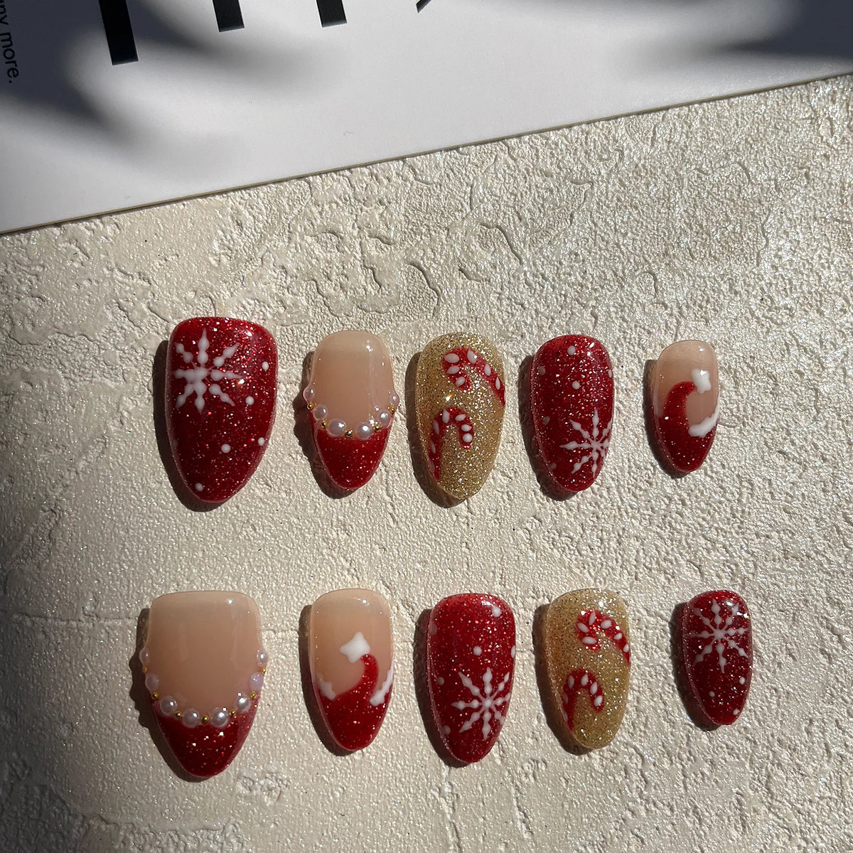 Hand Painted Christmas Fake Nails Short Almond Red Glitter Snowflake Candy Cane Pearl French Press On Nails Reusable  10 Pieces
