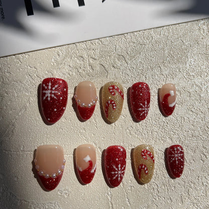 Hand Painted Christmas Fake Nails Short Almond Red Glitter Snowflake Candy Cane Pearl French Press On Nails Reusable  10 Pieces