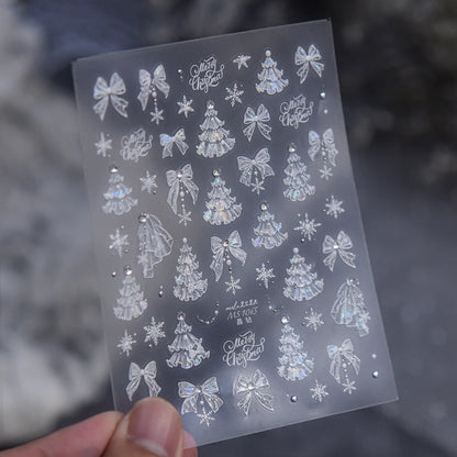 Winter Christmas 5D Nails Sticker White Lace Christmas Tree Bow Snowflake Pattern Self-Adhesive Nail Art Decorations Decals DIY
