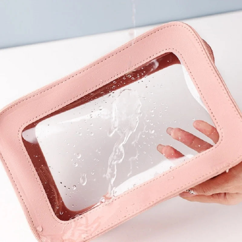 LUSQI Minimalist Transparent PVC Waterproof Cosmetic Leather Makeup Bag Travel Portable Toiletry Bag