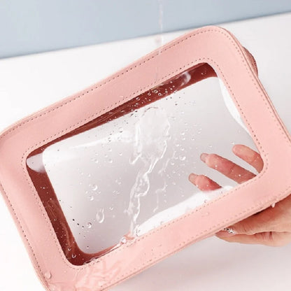 LUSQI Minimalist Transparent PVC Waterproof Cosmetic Leather Makeup Bag Travel Portable Toiletry Bag