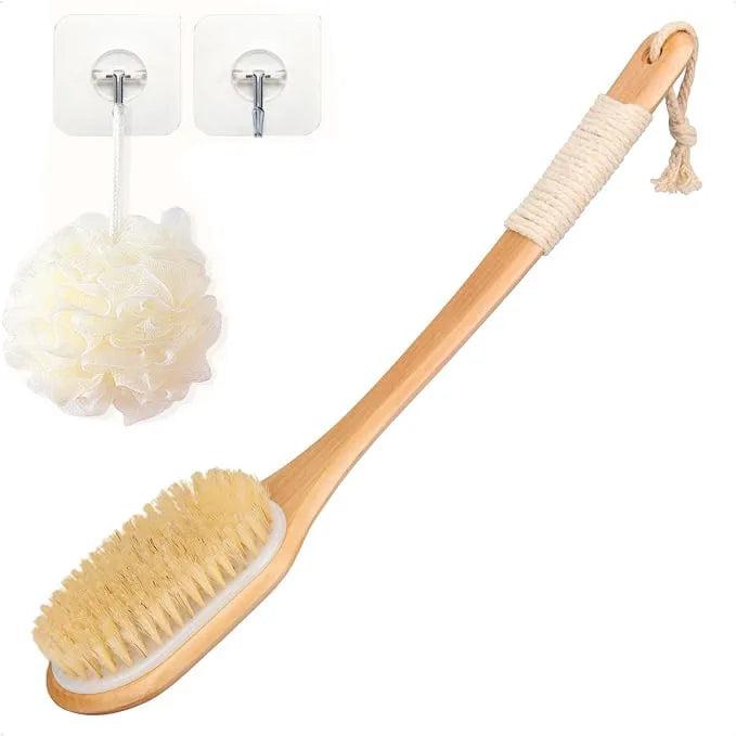Exfoliating Back Scrubber for Shower with Curved Long Handle, Wet or Dry Brushing, Body Exfoliator Back Washer Bath Tool