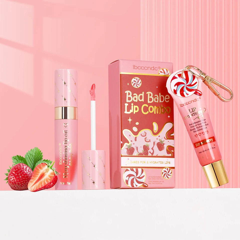 Lip Gloss Duo Combo with Keychain Long Lasting Nourish Plumper Lip Cosmetics Christmas Gift