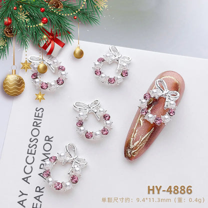 Luxury Christmas Wreath Nail Art Charms Pink Bow Pearl Diamond Gold Silver Alloy Nails 3D Decoration Jewelry for Manicure Design