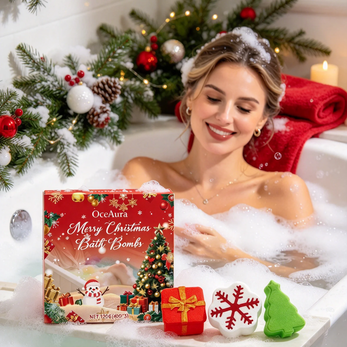 OceAura Christmas Bath Balls Holiday Gift Deep Cleaning Gentle Moisturizing Colorful Bubble No Residue Gift Box Bath Ball 120g