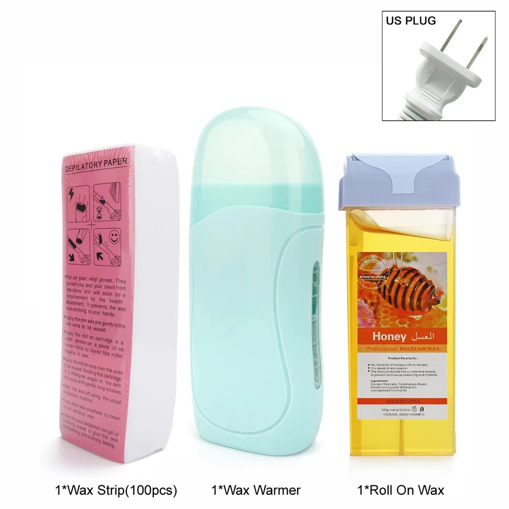 Women Home Hair Removal Kit Roll on Wax Warmer Honey Roller Wax Cartridge 100Pcs Depilatory Wax Strips Body Leg Arm Waxing Set