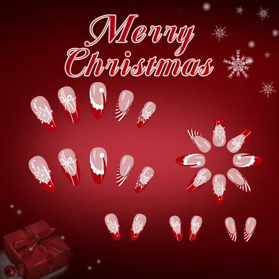 24PCS Red French Pointed Nails Christmas Fake Nails With Snowflake Christmas Hat Design, Artificially Adhered To The Nails