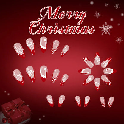 24PCS Red French Pointed Nails Christmas Fake Nails With Snowflake Christmas Hat Design, Artificially Adhered To The Nails