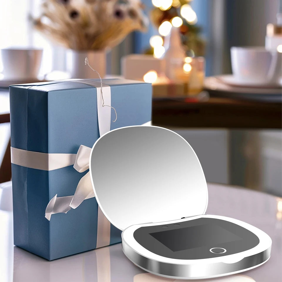 UV Mirror for Sunscreen Test Camera,Sun Protection Visualization Travel Makeup Mirror，with LED Light Compact Hand Mirror