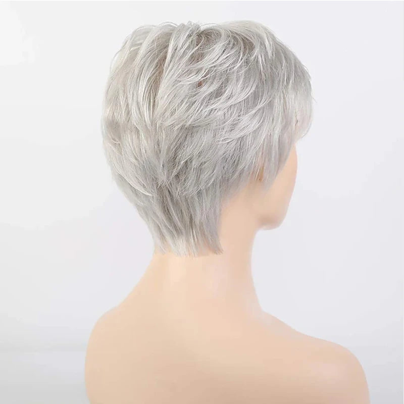 HAIRJOY Synthetic Short Grey Wigs for White Women Mixed Gray Silver Curly  Wigs with Bangs Grandma  Short Hair Wigs