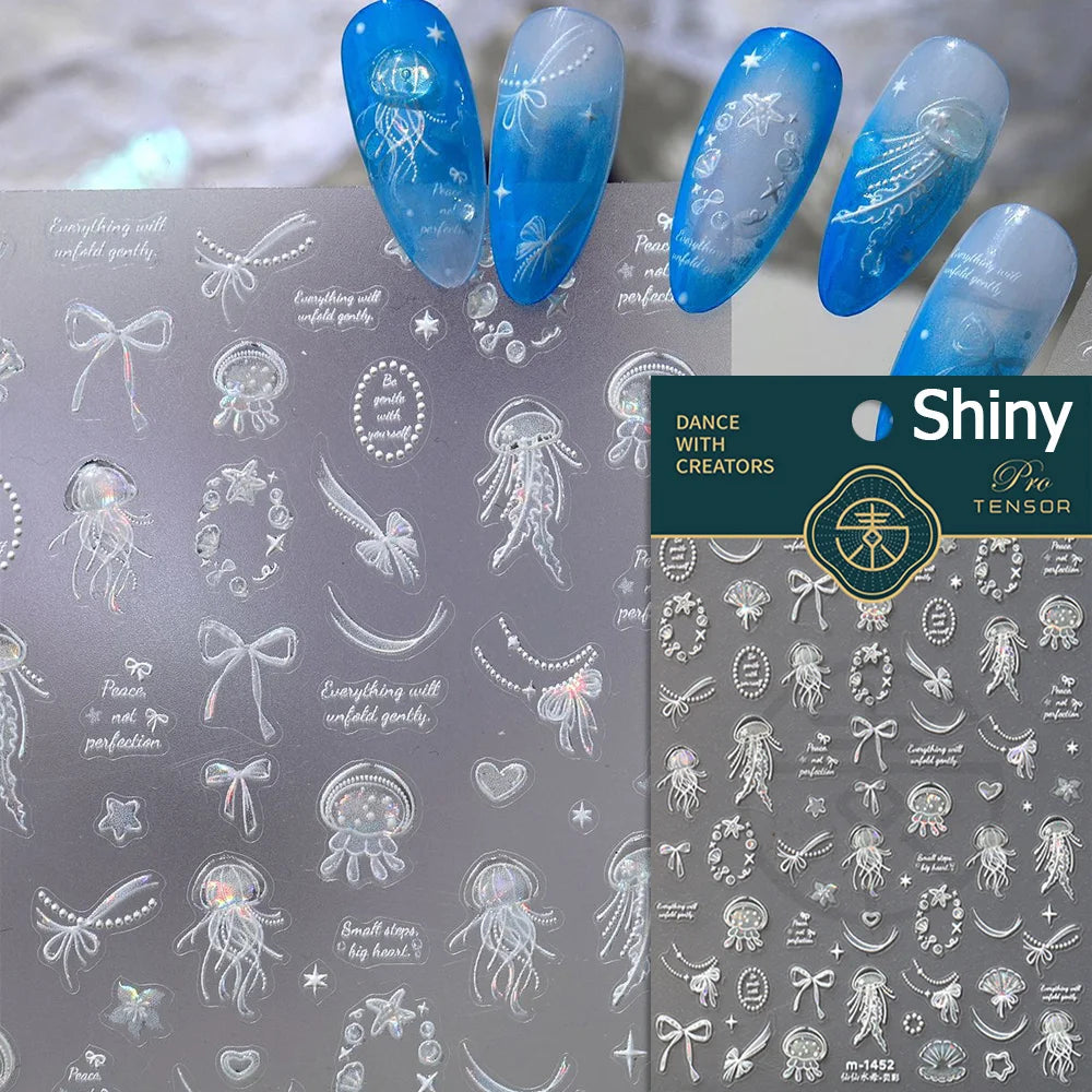 Gold Stamped Shell Conch Scallop Starfish Pearl 5D Embossed Self Adhesive Nail Art Stickers Delicate Ocean Style Manicure Decals