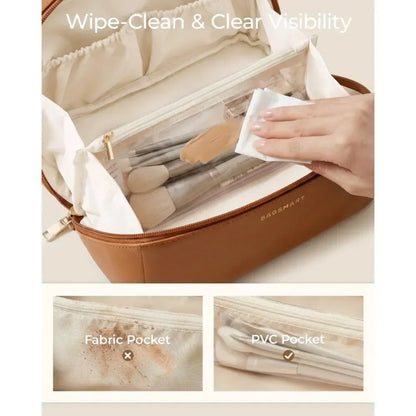 Travel Makeup Bag with Double Zipper Large Capacity Cosmetic Organizer with Handle, Portable Toiletry Storage for Women