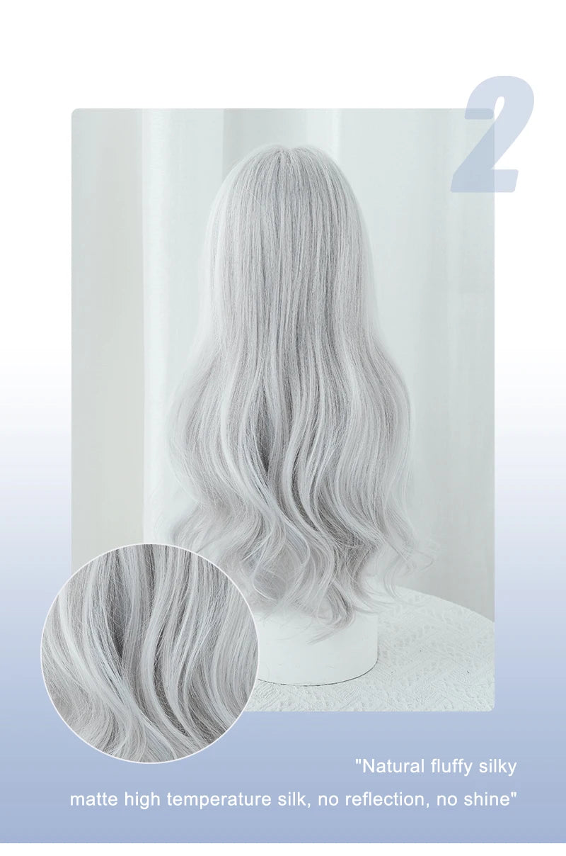 NAMM Costume Wig Synthetic Body Wavy Cool Silvery  Wig For Women Daily Use High Density Layered Hair Wigs With Fluffy Bangs