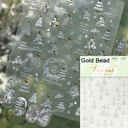 Tender Blue Christmas Tree Hanging Ball Ribbon Gold Star Snowflakes Bowknot Ring Adhesive Nail Charms Art Sticker Manicure Decal