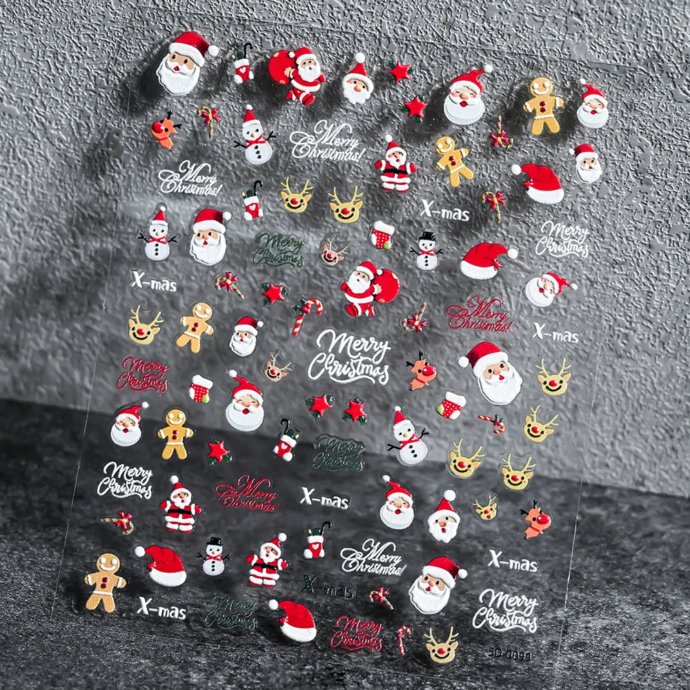 2pcs 5D Christmas Nail Stickers Waterfall Snowflakes Santa Claus Elk Gingerbread Nail Decals  Embossed Winter  Xmas Manicure Set