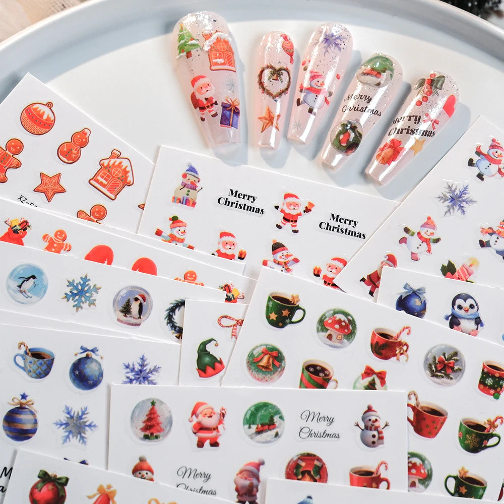 30pcs Cartoon Christmas Mini Nail Stickers Set Snowman, Snowflake, Penguin, Candy Adhesive Nail Decals Winter Manicure Sliders