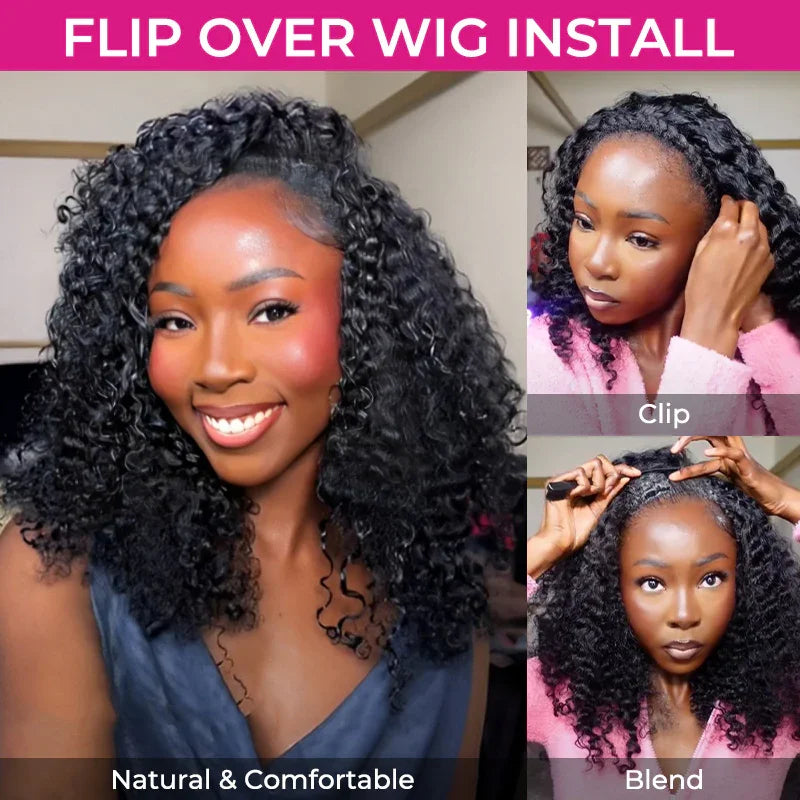 300% Glueless Wigs Human Hair Afro Kinky Curly Headband Wig Upgrade 3 IN 1 Half Wig With Drawstring Seamless Clip Ins Flip Over