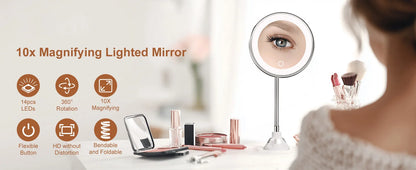 10X Magnifying Vanity Mirror with Light, Flexible Gooseneck Makeup Mirror, Battery Operated with Suction Cups & 3 Lighting Modes