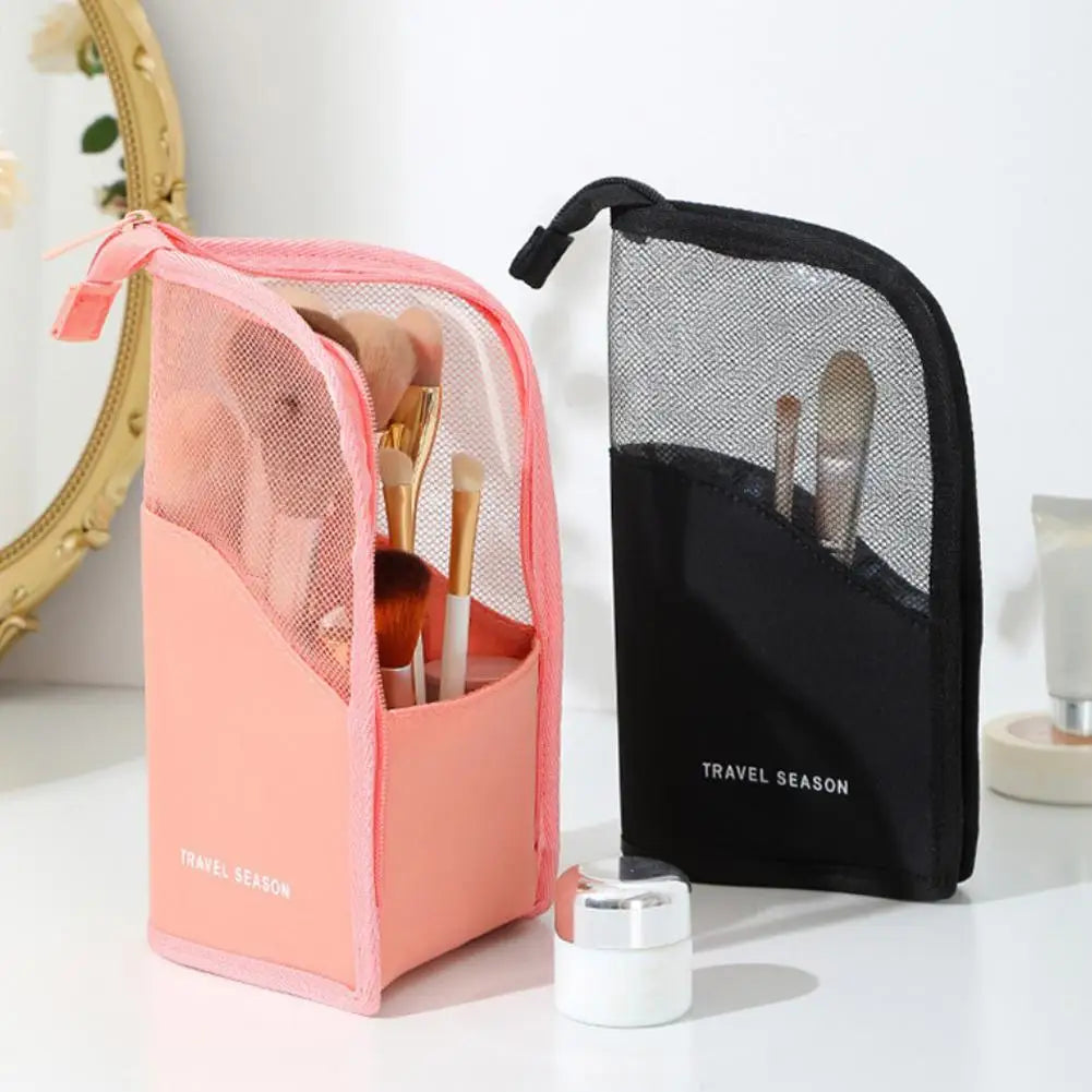 New Standing Makeup Brush Holder Bag 2 in 1 Travel Cosmetic Pouch Mesh Waterproof Portable Toiletry Storage Organizer