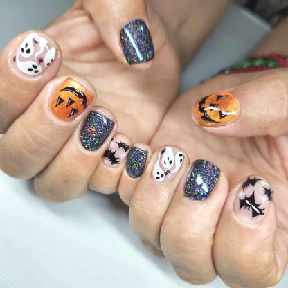 Press On Nails Light Purple Bat Ghost Spider Web Halloween Fake Nail Stickers With Designs Scary Party Nail Art Decals 24pcs