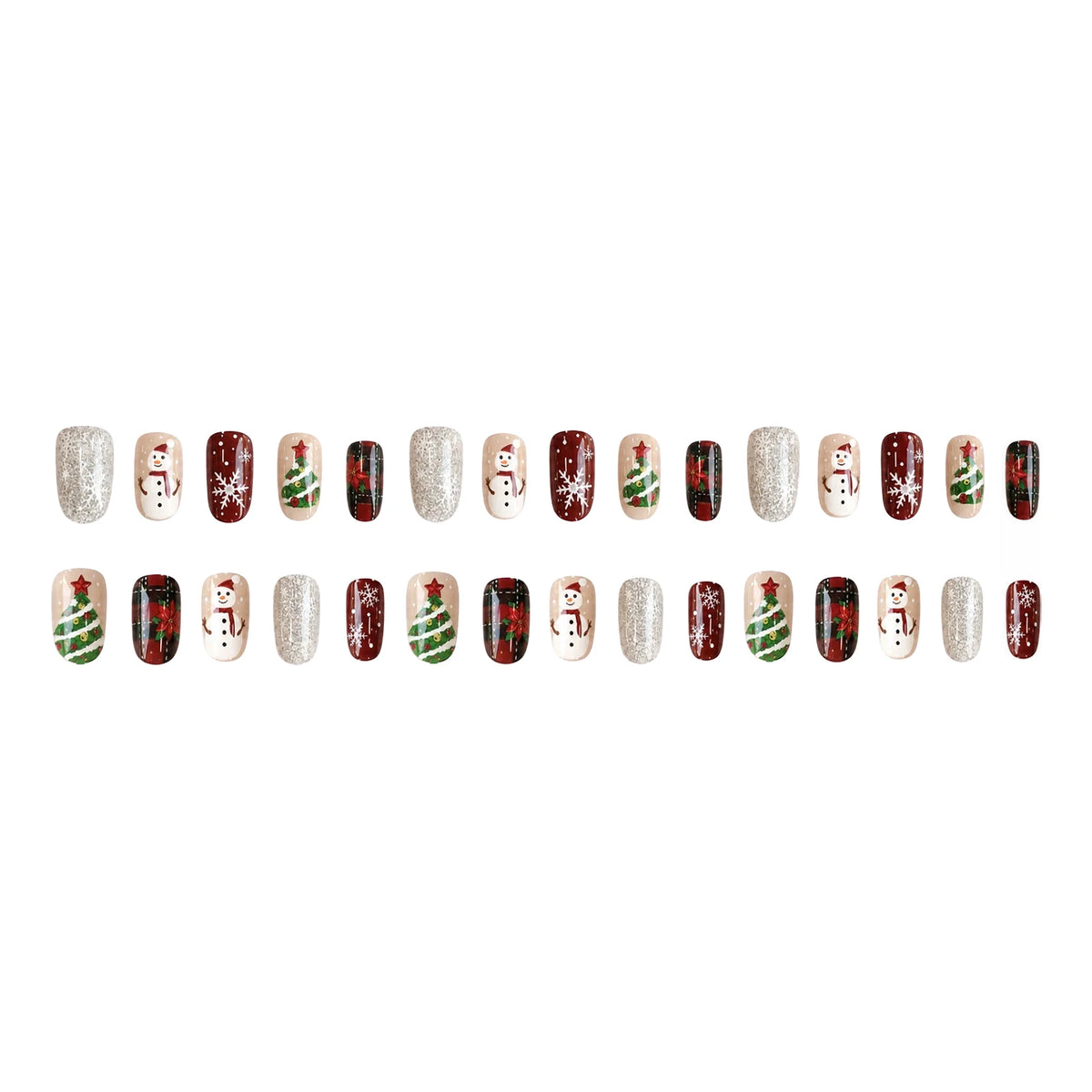 30pcs Red Plaid Festival False Nails Snowflake Snowman Xmas Tree Designs Press On Nails Christmas Short Round Fake Nail Tips
