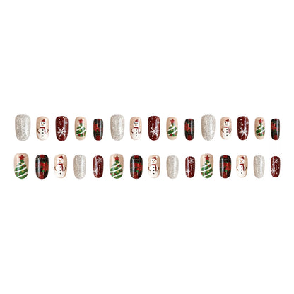 30pcs Red Plaid Festival False Nails Snowflake Snowman Xmas Tree Designs Press On Nails Christmas Short Round Fake Nail Tips