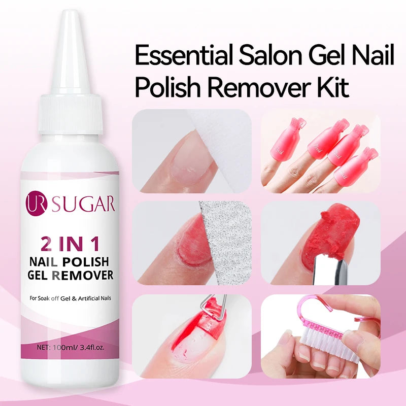 UR SUGAR 100ml 2 IN 1 Nail Polish Gel Remover Liquid 1/2PCS Quick Clean Gentle Formula for Gel Polish Remover Manicure Nail Care