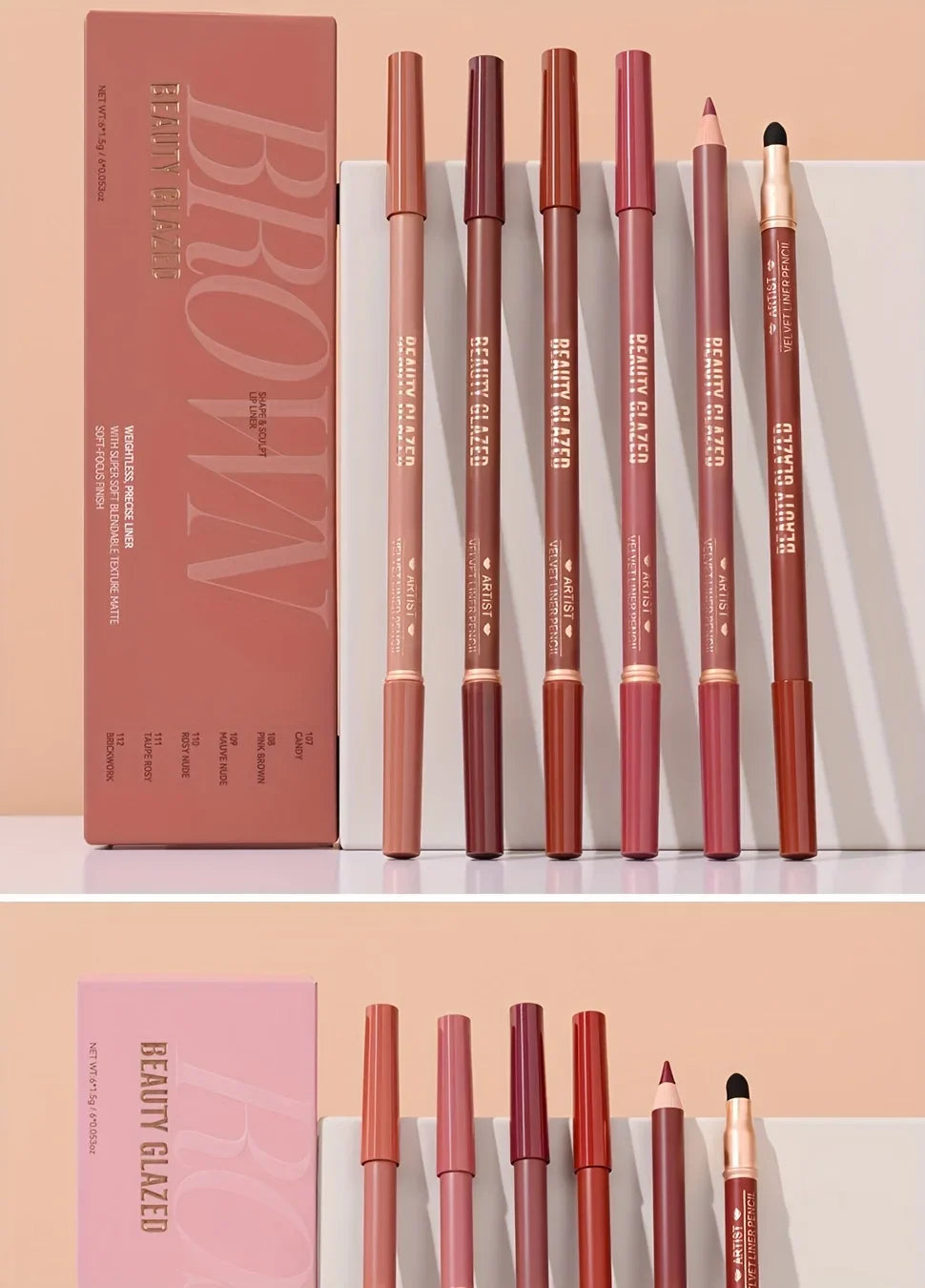 Beauty Glazed 6pcs Matte Nude Sponge Lip Liner Set  Long-Lasting Silky Waterproof Texture Multi-Function Makeup Pens