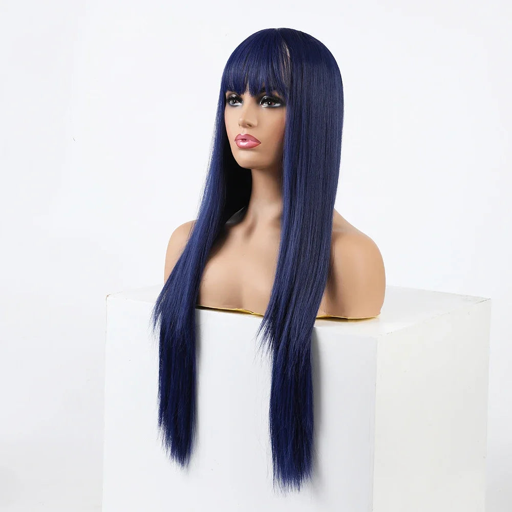 Synthetic Replacement Hair Wig With Bangs Blue Color Heat Resistant  Wigs for Fashion Women