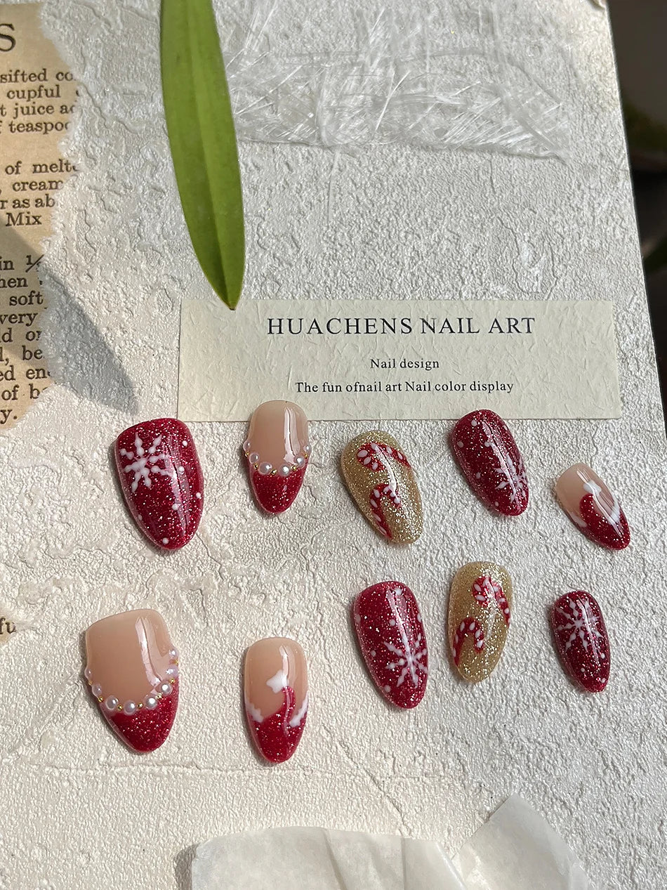 Hand Painted Christmas Fake Nails Short Almond Red Glitter Snowflake Candy Cane Pearl French Press On Nails Reusable  10 Pieces
