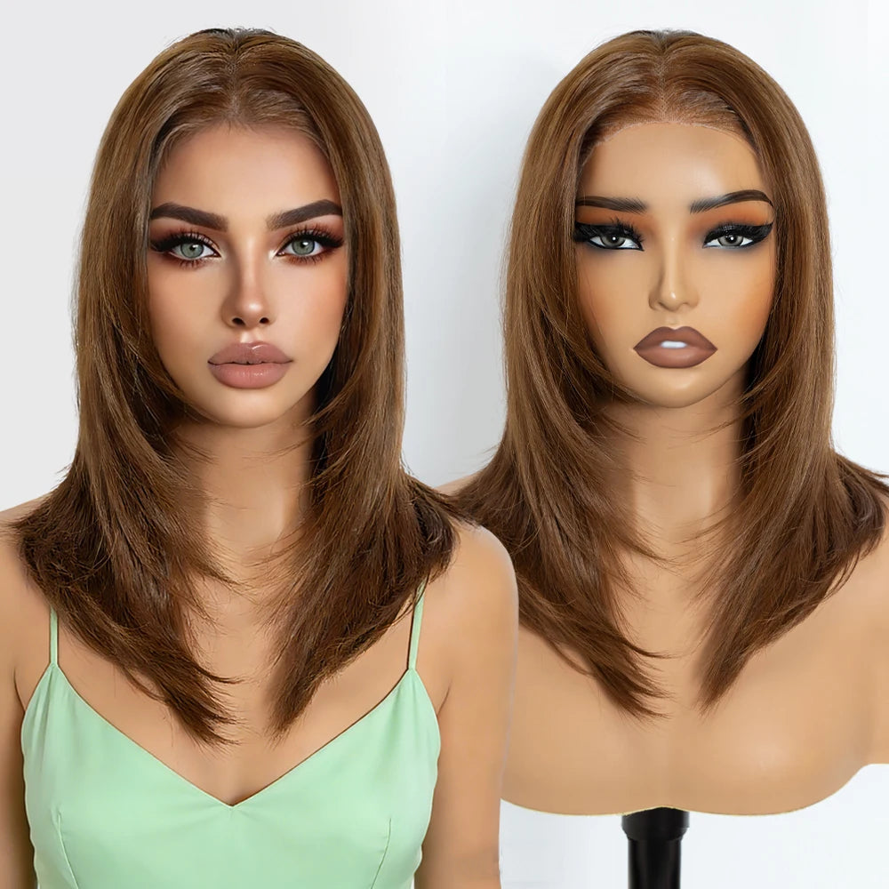 FASHION IDOL 16 Inch 13x3 Lace Front Wigs Synthetic Straight Hair Layered Ombre Brown Free Part Pre-Plucked Bob Wigs for Women