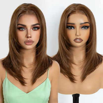 FASHION IDOL 16 Inch 13x3 Lace Front Wigs Synthetic Straight Hair Layered Ombre Brown Free Part Pre-Plucked Bob Wigs for Women