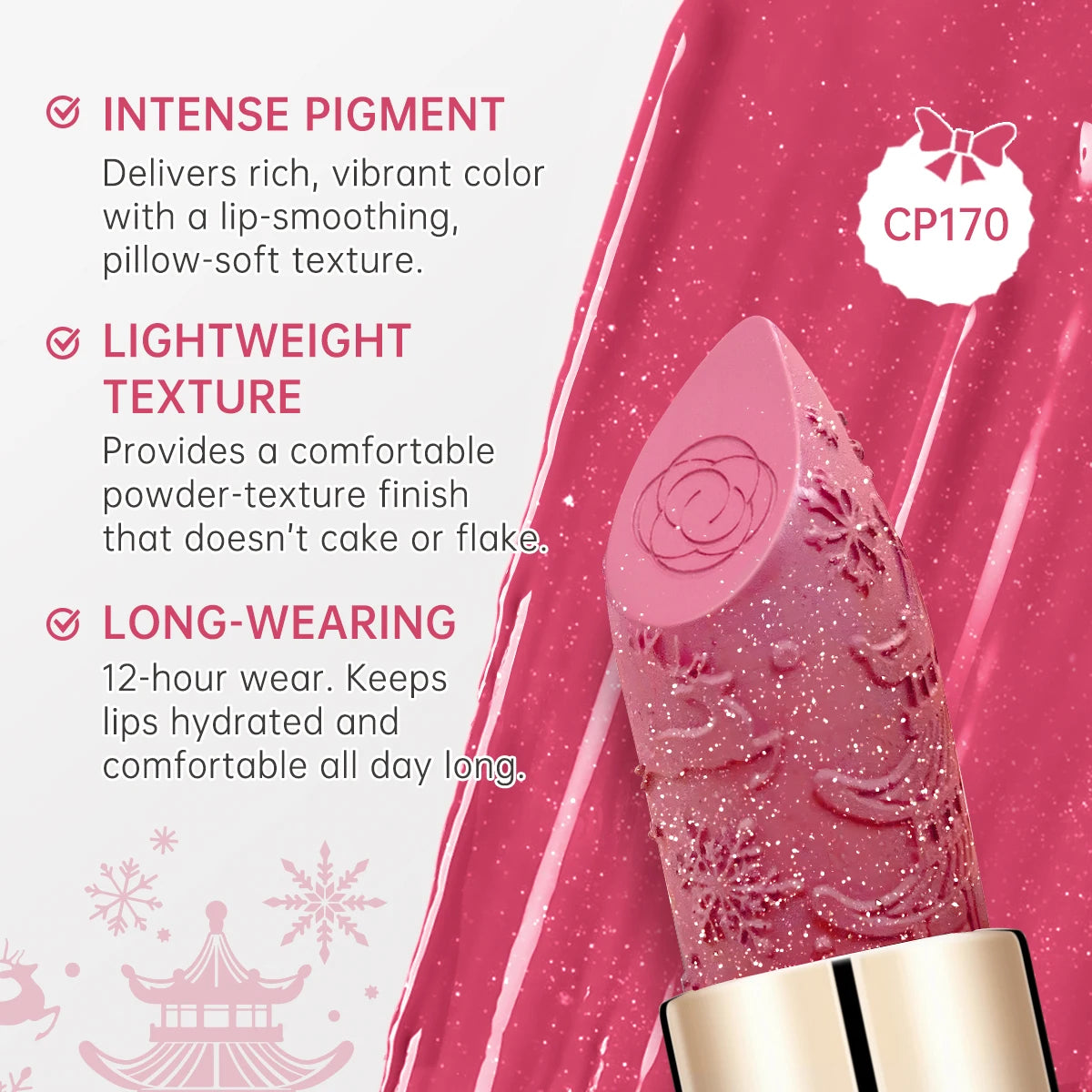 CATKIN Christmas Limited New Year's Lipstick for Lips CATKIN Moisturizing with Golden Glosses, Tone CP170 Crimson Pink, 3.6 G