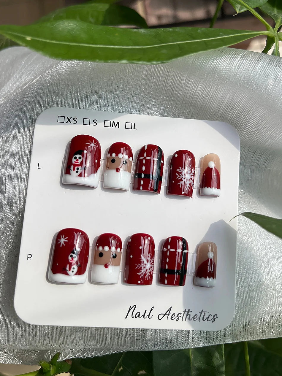 Handmade Short Square Press On Nails Christmas False Nails with Santa Claus Snowman Snowflake Design Reusable 10Pcs Xmas Party