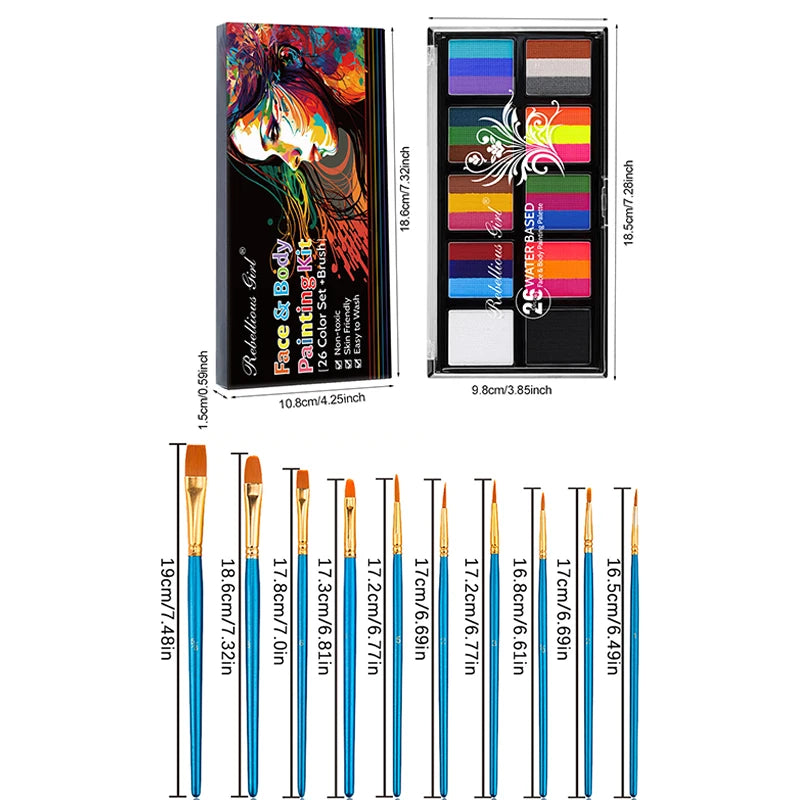 10 grids, 26 colors Rainbow face Art Painting Kit with 10pcs brush water-soluble Makeup Tattoo paint palette halloween Christmas