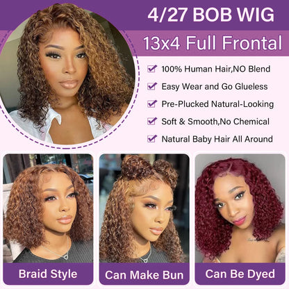Deep Wave Highlight 13x4 HD Lace Front Bob Wigs Water Wave Human Hair Lace Frontal Wig 10-16 Inch 4/27 Color Preplucked Hair Bob