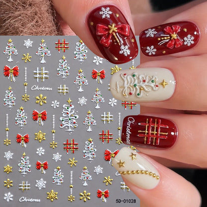 1pcs Gold-foiled Christmas Tree 5D Nail Stickers Bow Holly Snowflake Wreath Christmas Nail Decals Cartoon Merry Christmas Decora