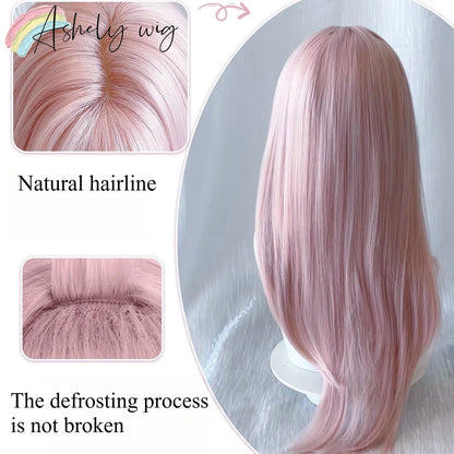 Ashely Pink Wig for Women Hair Wig with Bangs High Temperature Fibers Lolita Cute Layered Wig Synthetic Wigs Headband 가발 Парик