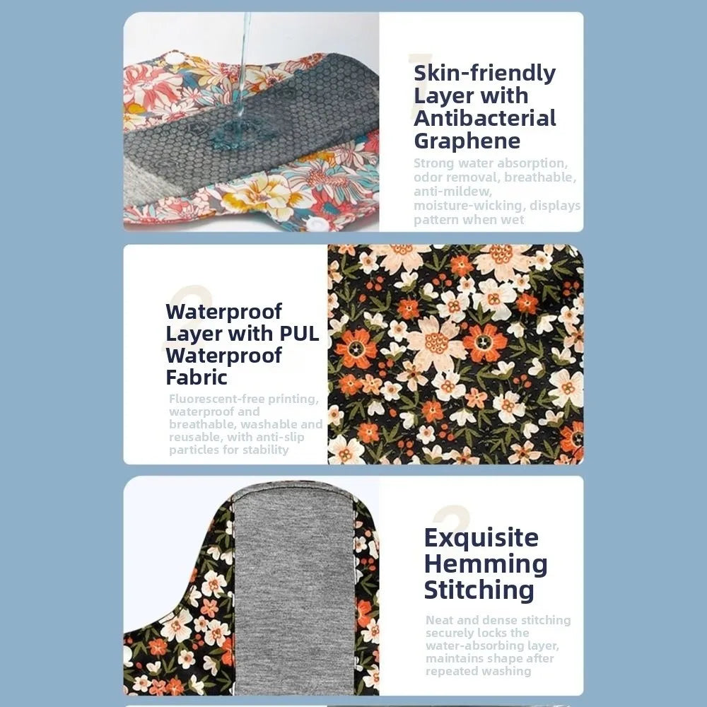 Graphene Reusable Sanitary Pads Leak Proof Fast Absorbent Washable Sanitary Napkins with Waterproof Layer Soft Panty Liner