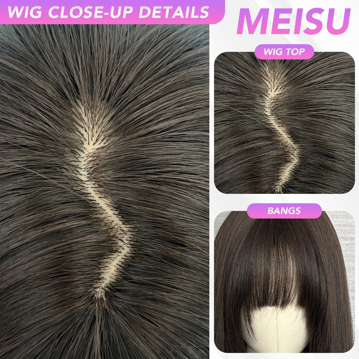 MEISU 16 Inch Black Tea Synthetic Air Bangs Wig Straight Layered Straight Wigs Fiber Heat-resistant Party or Selfie For Women