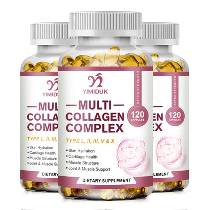Multi-Collagen Pills with Hyaluronic Acid and Vitamin C, 5 Hydrolyzed Collagen Peptides, Type I II III VX Capsules