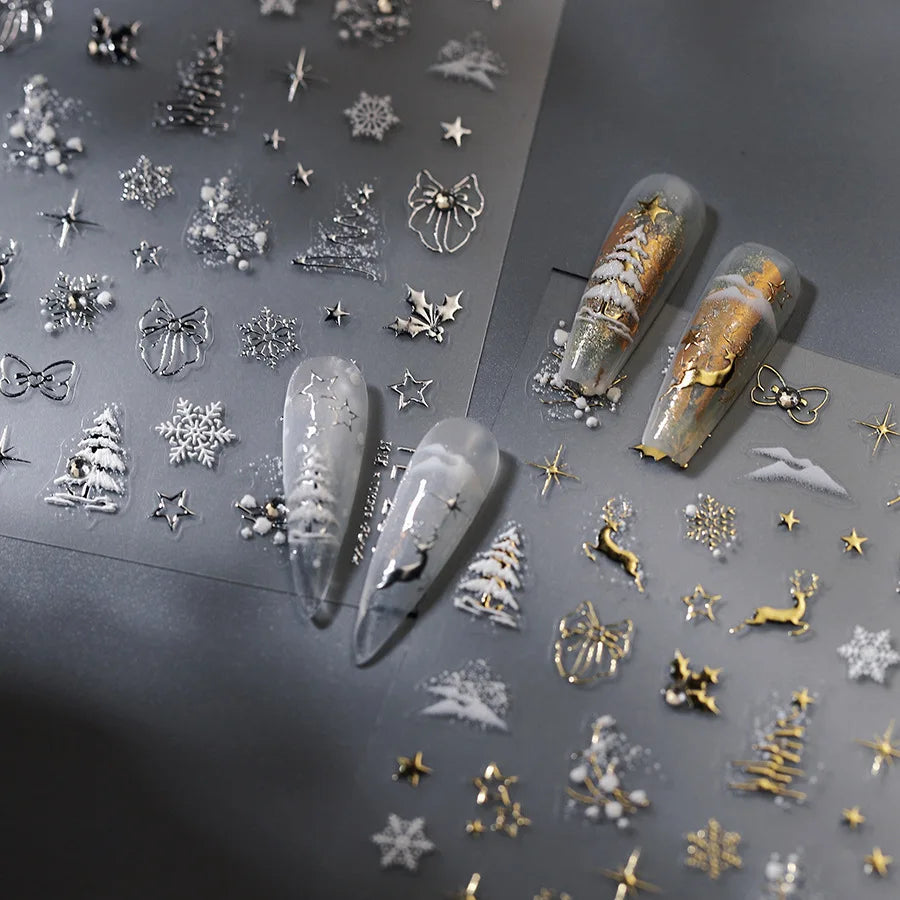 Luxury Gold Silver Nail Stickers Christmas Tree Elk Snowflake Bow Pattern Nail Stickers Self adhesive Decoration Accessories DIY