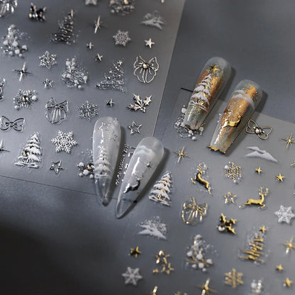 Luxury Gold Silver Nail Stickers Christmas Tree Elk Snowflake Bow Pattern Nail Stickers Self adhesive Decoration Accessories DIY