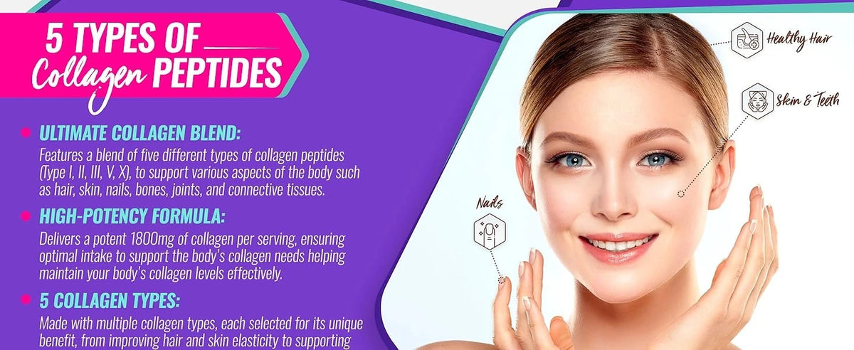 Multi Collagen Peptides Pills 1800 Mg Complex - Type I, II, III, V, X Premium Collagen Complex for Better Skin & Hair, Strong Jo