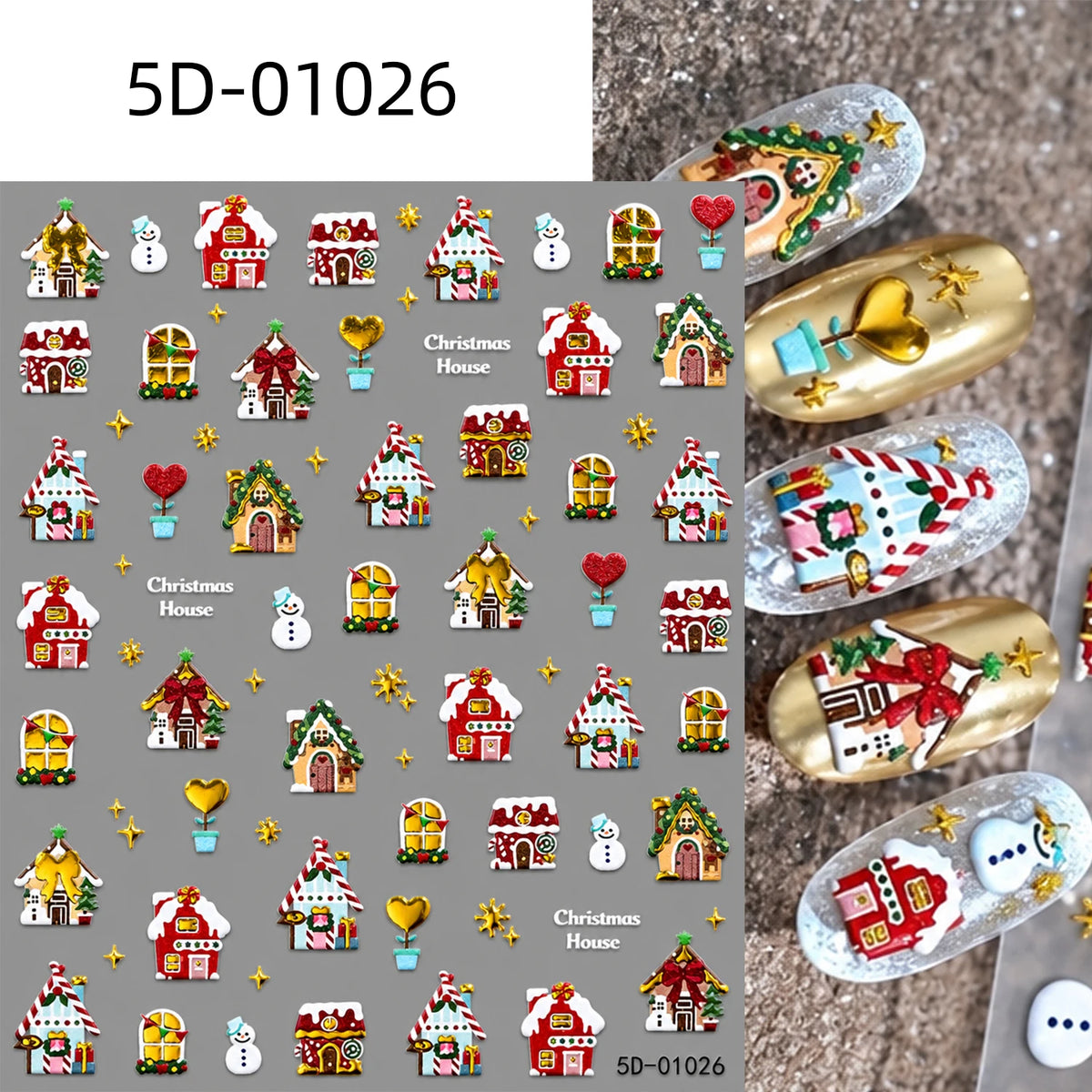 1pcs Gold-foiled Christmas Tree 5D Nail Stickers Bow Holly Snowflake Wreath Christmas Nail Decals Cartoon Merry Christmas Decora