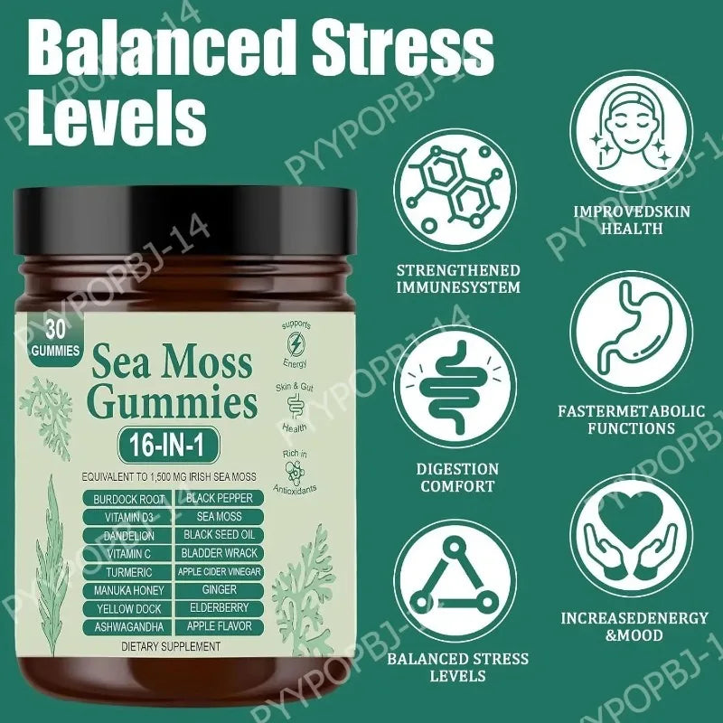 Irish Sea Moss Gummies 1500mg Equivalent 16 in 1 Botanical Blend,Support Digestion&Mood,Antioxidant Protection,Apple Flavor,30Ct