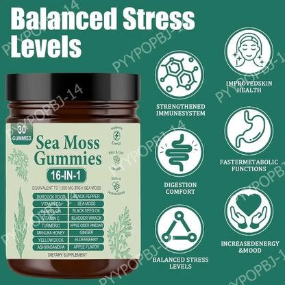Irish Sea Moss Gummies 1500mg Equivalent 16 in 1 Botanical Blend,Support Digestion&Mood,Antioxidant Protection,Apple Flavor,30Ct