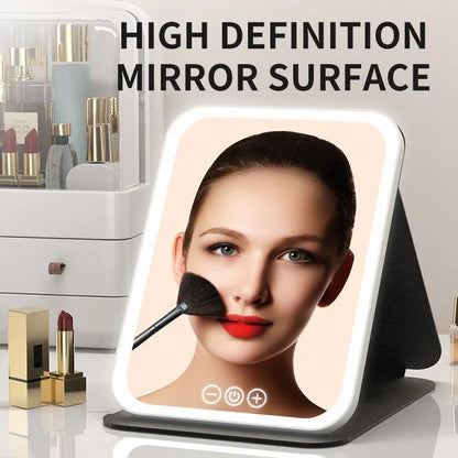 Makeup Mirror LED Dimmable Portable Foldable Design with Touch Screen 3 Colors Light Stepless USB Charging for Beauty Fashion