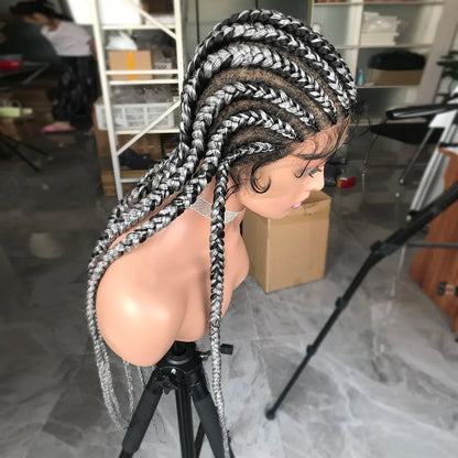Ombre Silber Grey Full Lace 11 Braids Braided Wig With Baby Hair Box Braiding Wig African Long Synthetic Hair Knotless Wig