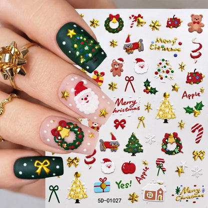 1pcs Gold-foiled Christmas Tree 5D Nail Stickers Bow Holly Snowflake Wreath Christmas Nail Decals Cartoon Merry Christmas Decora